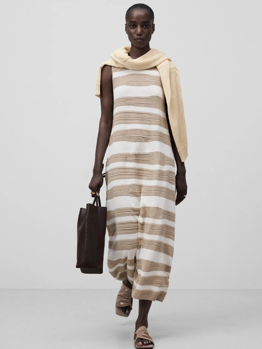 Adolfo Dominguez Beige & White Striped Sleeveless Knit Tank